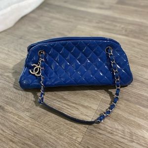 CHANEL Blue Quilted Patent Leather Bowling Bag